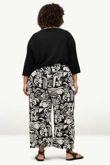 Damen - Stoffhose - Mid Waist - Wide Leg - gemustert - weiß / schwarz
