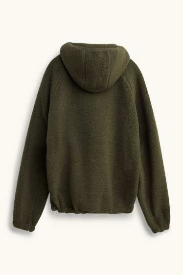 Men - Teddy fur jacket with hood - dark green