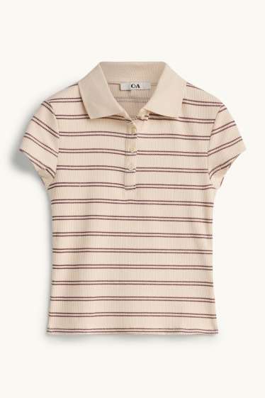 Damen - Strick-Poloshirt - Slim Fit - gerippt - gestreift - beige / bordeaux