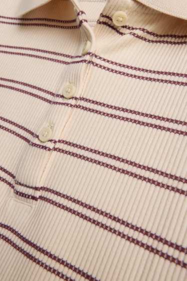 Damen - Strick-Poloshirt - Slim Fit - gerippt - gestreift - beige / bordeaux