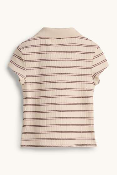 Damen - Strick-Poloshirt - Slim Fit - gerippt - gestreift - beige / bordeaux