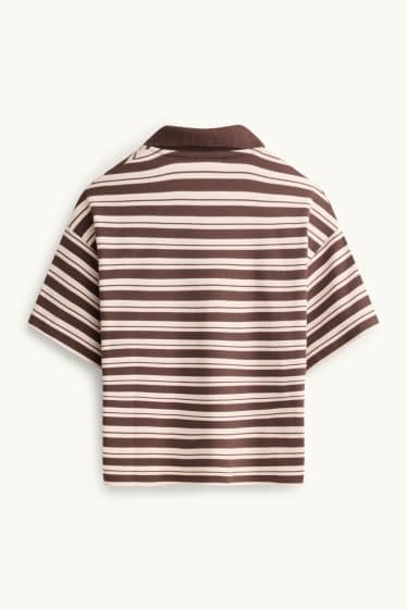Damen - Poloshirt - Slim Fit - gestreift - gerippt - braun / cremeweiß