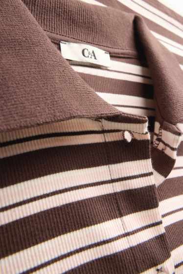 Damen - Poloshirt - Slim Fit - gestreift - gerippt - braun / cremeweiß