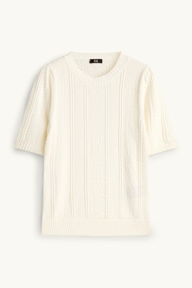 Damen - Strickpullover - kurzarm - Zopfmuster - cremeweiß