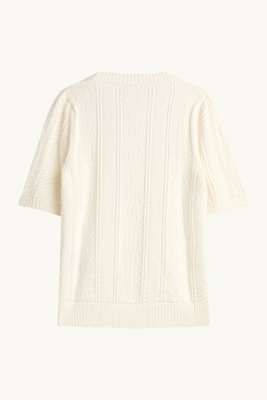 Damen - Strickpullover - kurzarm - Zopfmuster - cremeweiß