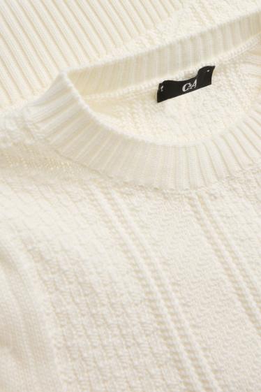 Damen - Strickpullover - kurzarm - Zopfmuster - cremeweiß