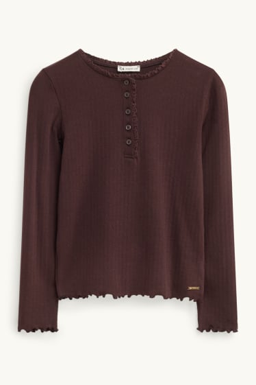 Kinder Mädchen - Pointelle-Langarmshirt - dunkelbraun