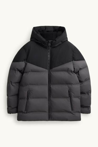 Kinder Buben - Steppjacke mit Kapuze - gefüttert - wasserabweisend - schwarz / dunkelgrau