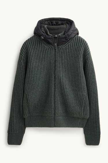 Hommes - Gilet en maille à capuche - vert foncé / noir