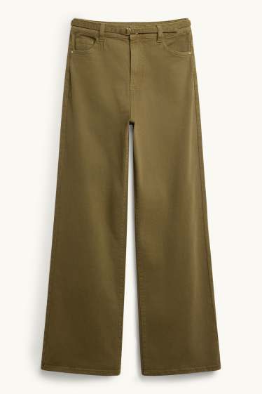 Femmes - Jean à jambe évasée avec ceinture - high waist - kaki