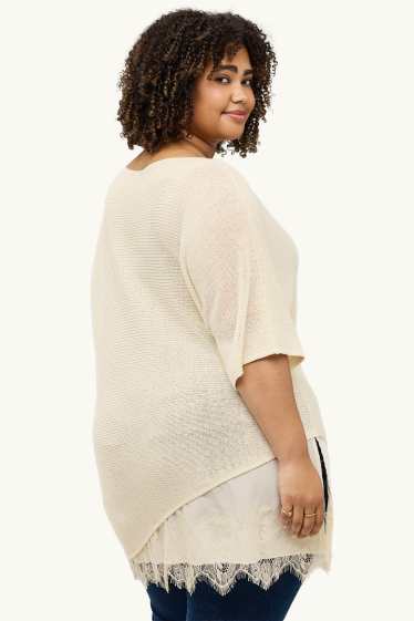 Dona - Jersei de punt - mànigues curtes - acanalat - blanc trencat