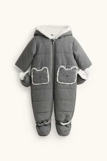Baby: jongens - Teddybeertje - babysneeuwpak met capuchon - grijs