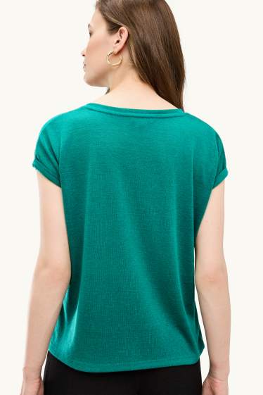 Dames - T-shirt met V-hals - relaxed fit - petrol