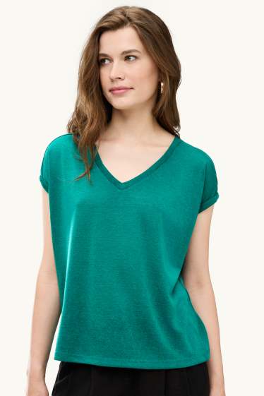 Dames - T-shirt met V-hals - relaxed fit - petrol