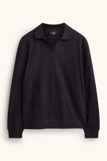 Herren - Langarm-Poloshirt - Relaxed Fit - gerippt - schwarz