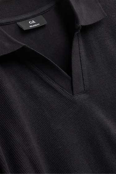Herren - Langarm-Poloshirt - Relaxed Fit - gerippt - schwarz