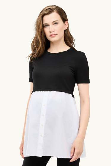 Dona - Samarreta de mànigues curtes de maternitat - look 2 en 1 - blanc/negre