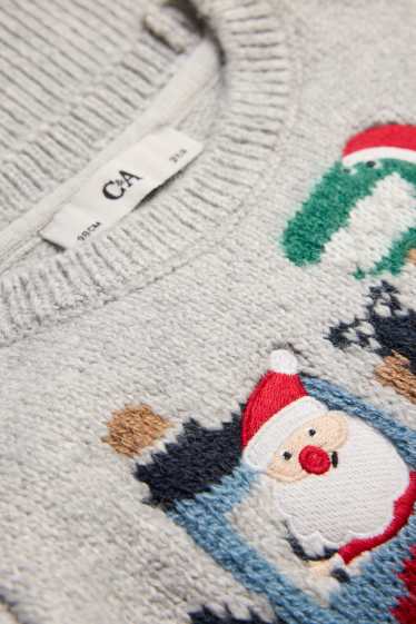 Kinder Jungen - Santa und Dino - Weihnachtspullover - hellgrau-melange