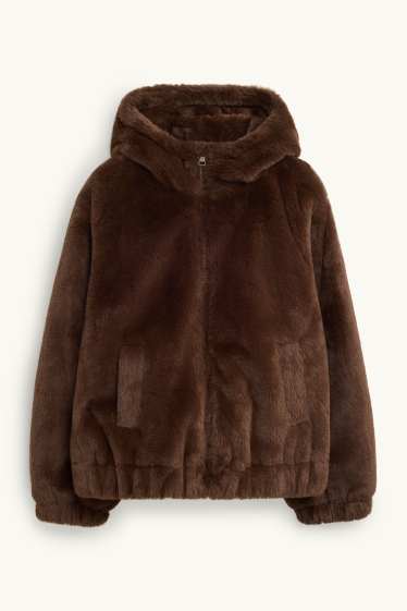 Enfants filles - Veste en imitation fourrure à capuche - marron