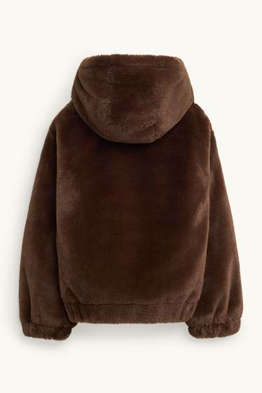 Enfants filles - Veste en imitation fourrure à capuche - marron