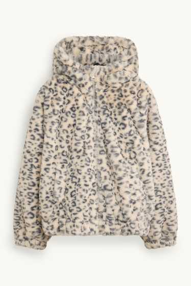 Kinder Mädchen - Kunstfell-Jacke mit Kapuze - gemustert - schwarz / beige