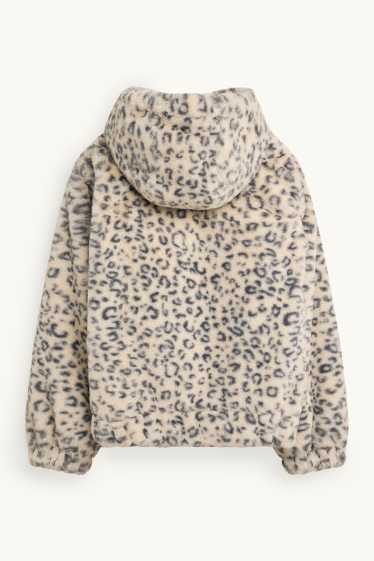 Kinder Mädchen - Kunstfell-Jacke mit Kapuze - gemustert - schwarz / beige