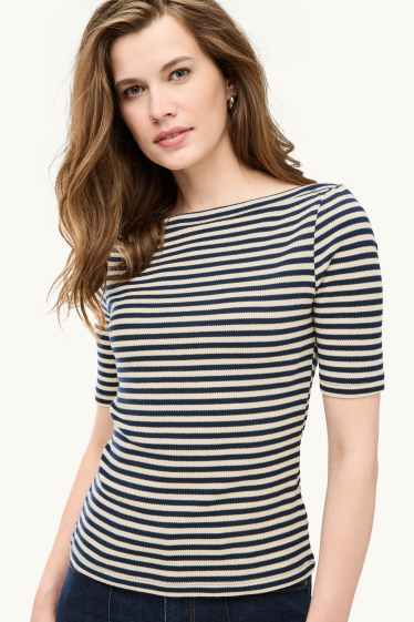Femmes - T-shirt - regular fit - à rayures - finition texturée - blanc / noir