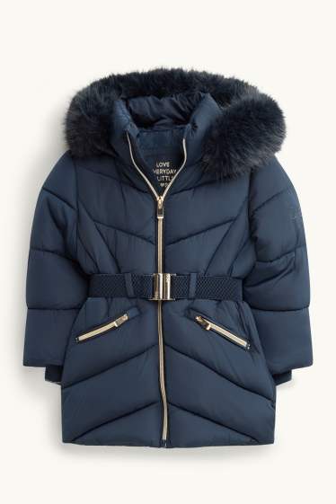 Kinder Mädchen - Steppjacke mit Gürtel und Kunstfellbesatz - wasserabweisend - dunkelblau