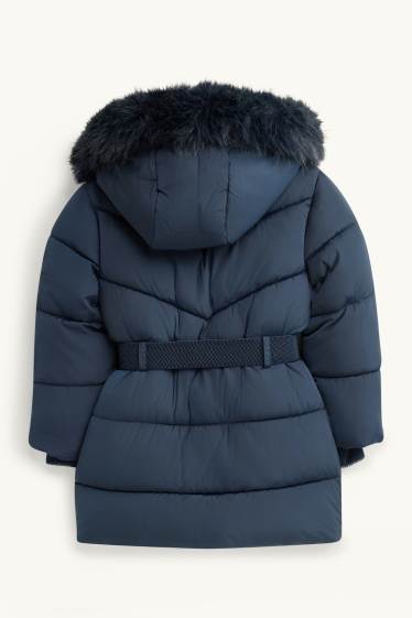 Kinder Mädchen - Steppjacke mit Gürtel und Kunstfellbesatz - wasserabweisend - dunkelblau