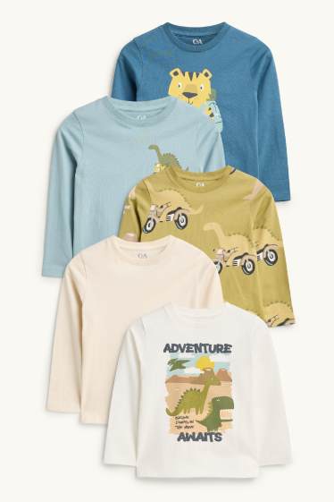Enfants garçons - Lot de 5 - dinosaure, moto et tigre - haut à manches longues - blanc / bleu