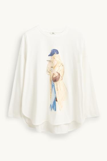 Damen - Langarmshirt - Relaxed Fit - Glanz-Effekt - weiß