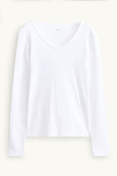 Femmes - Haut à manches longues avec encolure en V - slim fit - blanc