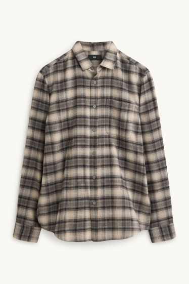 Pánské - Košile - regular fit - kent - kostkovaná - šedá/hnědá