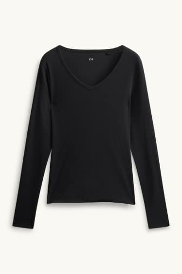 Donna - Maglia a maniche lunghe con scollo a V - slim fit - nero
