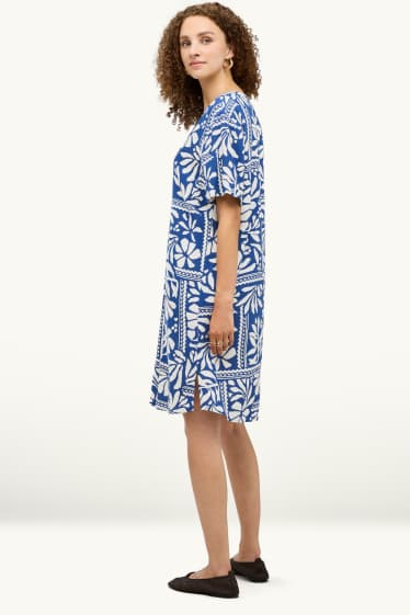 Damen - Kleid mit V-Ausschnitt - gemustert - blau / weiß