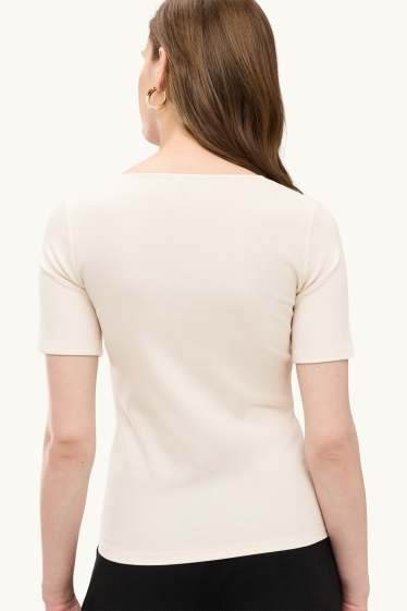 Damen - T-Shirt mit V-Ausschnitt - Regular Fit - gerippt - cremeweiß
