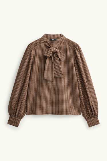 Women - Blouse with knot detail - check - brown