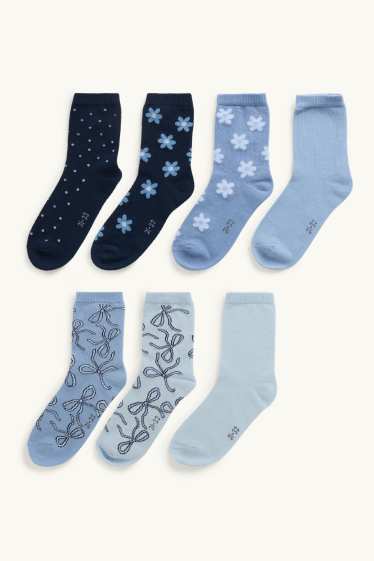 Kinderen: meisjes - Set van 7 paar - bloem en strikje - sokken met motief - blauw / lichtblauw