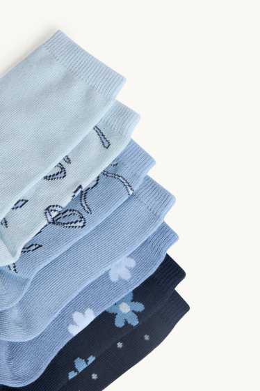 Kinderen: meisjes - Set van 7 paar - bloem en strikje - sokken met motief - blauw / lichtblauw