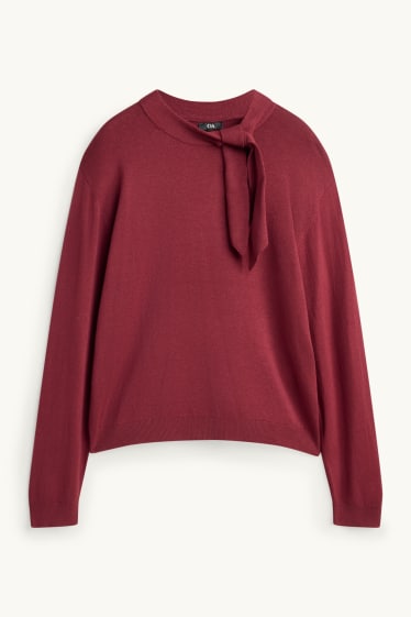 Women - Fine knit jumper with knot detail - dark red