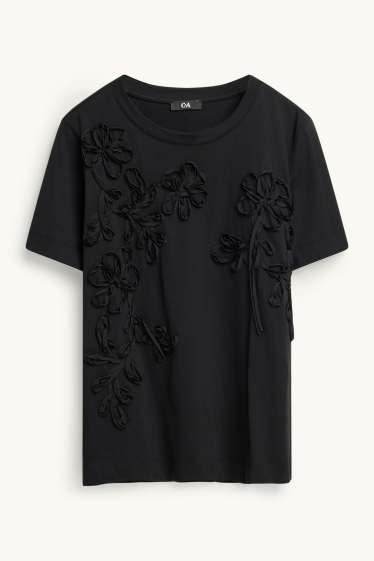 Dames - T-shirt - regular fit - gebloemd - zwart