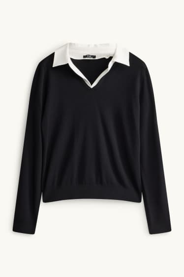 Femmes - Pull à encolure en V - look 2-en-1 - noir / blanc