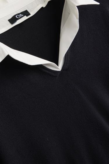 Femmes - Pull à encolure en V - look 2-en-1 - noir / blanc