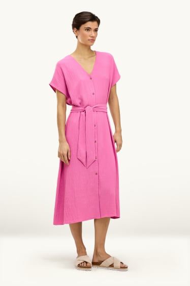 Damen - Kleid mit V-Ausschnitt - Straight Fit - strukturiert - pink