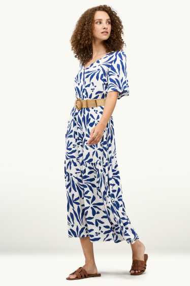 Women - Fit & flare dress with belt - floral - blue / white