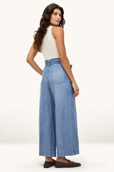 Dames - Korte paperbag jeans - high waist - wide leg - jeansblauw