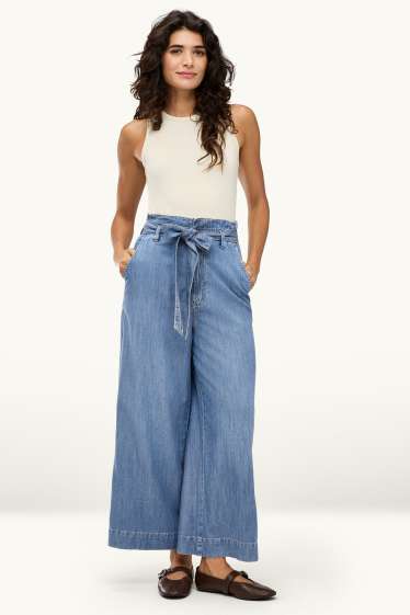Dames - Korte paperbag jeans - high waist - wide leg - jeansblauw
