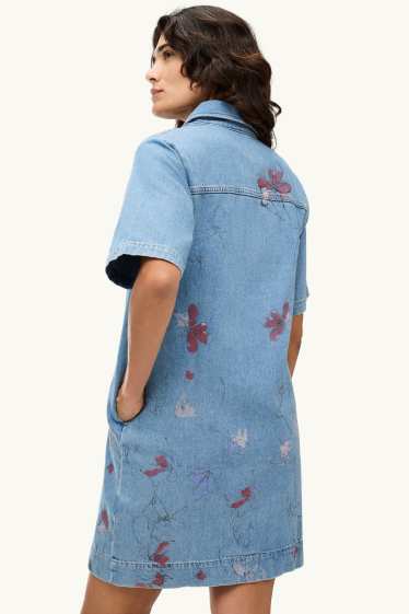 Dames - T-shirt-jurk - gebloemd - jeansblauw