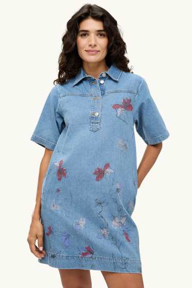 Dames - T-shirt-jurk - gebloemd - jeansblauw