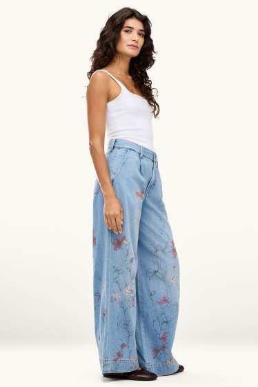 Damen - Wide Leg Jeans - Mid Waist - geblümt - jeansblau